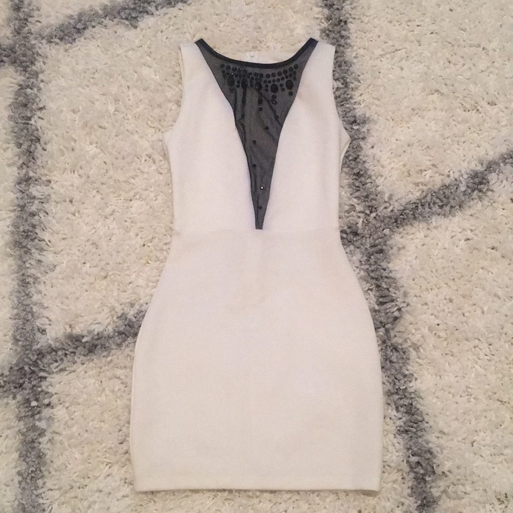White party dress with black mesh and beading
